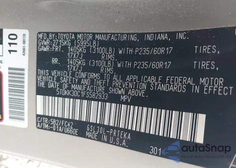 2015 Toyota Sienna Le 8 Passenger из США, поврежденный, VIN 5TDKK3DC1FS582933